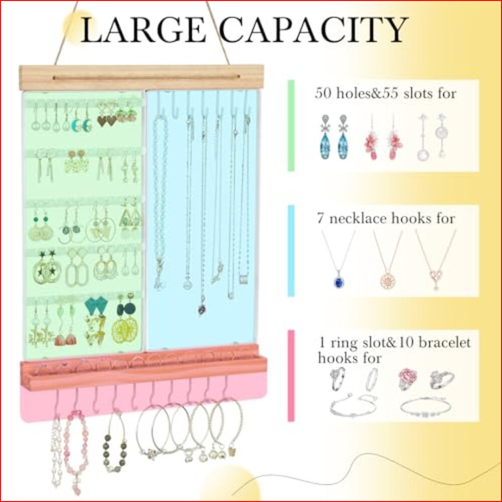 5-Tier Hanging Jewelry Organizer with Wall Mount, White Metal and Wood - Picture 5 of 7